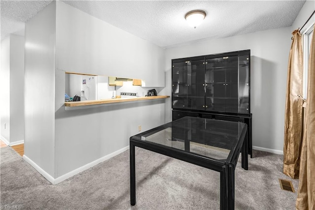 interior space featuring a textured ceiling and carpet