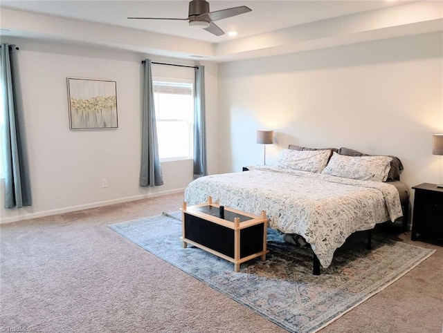 carpeted bedroom featuring recessed lighting, baseboards, and a ceiling fan