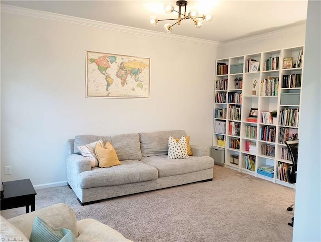 carpeted living area featuring baseboards, an inviting chandelier, and crown molding