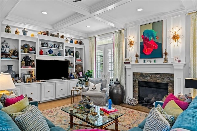 2550 Mountain Lake Rd, Asheboro, NC 27205 - living area with crown molding, light wood-type flooring, beam ceiling, a stone fireplace, and coffered ceiling