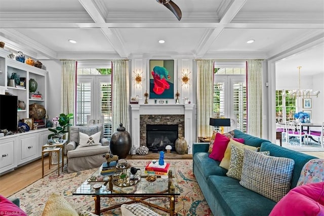 2550 Mountain Lake Rd, Asheboro, NC 27205 - living area with coffered ceiling, light wood-type flooring, a premium fireplace, beamed ceiling, and ornamental molding
