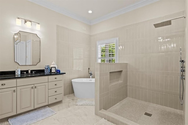 2550 Mountain Lake Rd, Asheboro, NC 27205 - full bath with vanity, ornamental molding, a soaking tub, tiled shower, and marble finish floors