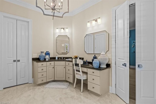 2550 Mountain Lake Rd, Asheboro, NC 27205 - bathroom featuring crown molding, vanity, a chandelier, marble look tiles, and a closet