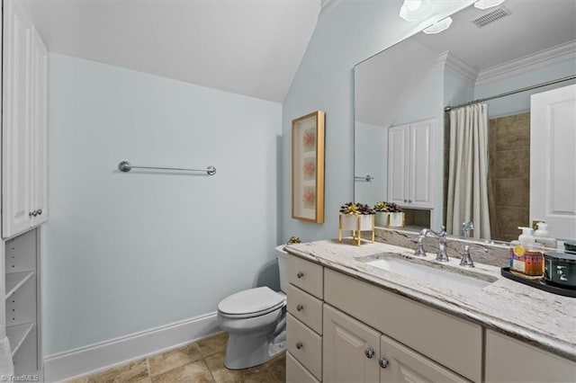 2550 Mountain Lake Rd, Asheboro, NC 27205 - full bath featuring vanity, a shower with curtain, ornamental molding, and vaulted ceiling