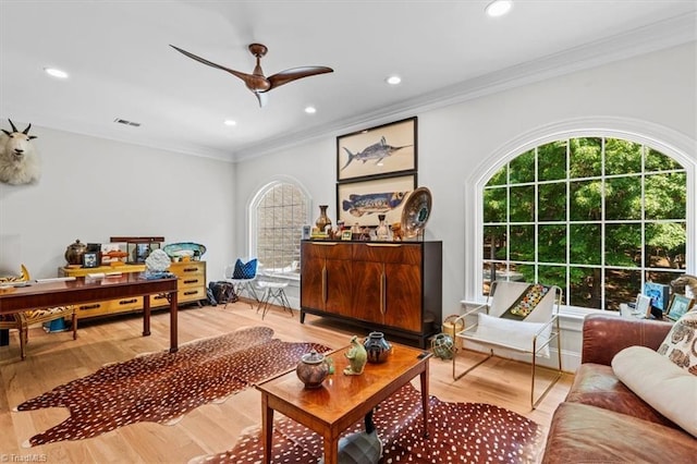 2550 Mountain Lake Rd, Asheboro, NC 27205 - living area featuring ornamental molding, a ceiling fan, recessed lighting, and light wood-style flooring