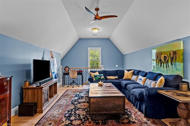 2550 Mountain Lake Rd, Asheboro, NC 27205 - living room featuring light wood-type flooring, a ceiling fan, and lofted ceiling