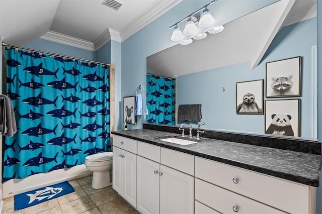 2550 Mountain Lake Rd, Asheboro, NC 27205 - full bathroom featuring vanity, tile patterned flooring, crown molding, and shower / bath combination with curtain
