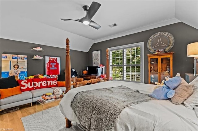2550 Mountain Lake Rd, Asheboro, NC 27205 - bedroom with lofted ceiling, wood finished floors, crown molding, and a ceiling fan