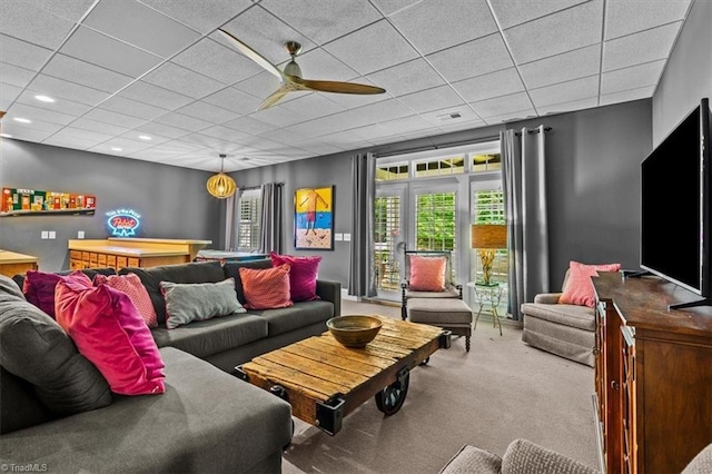 2550 Mountain Lake Rd, Asheboro, NC 27205 - carpeted living room featuring a ceiling fan and a paneled ceiling