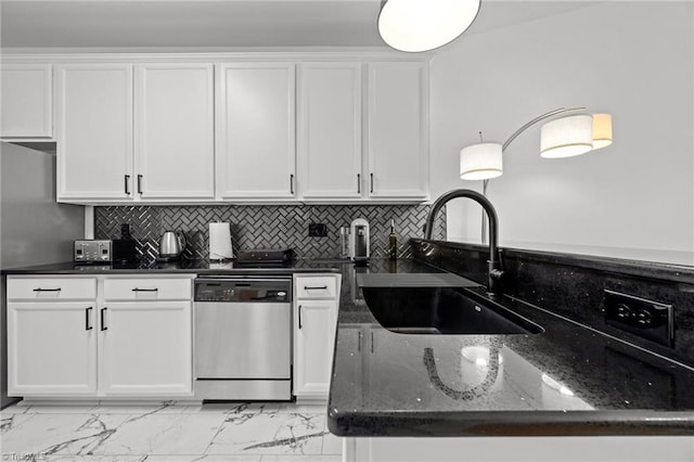 116 Maryland Dr, Thomasville, NC 27360 - kitchen with stainless steel dishwasher, a sink, white cabinets, dark stone countertops, and light marble finish flooring