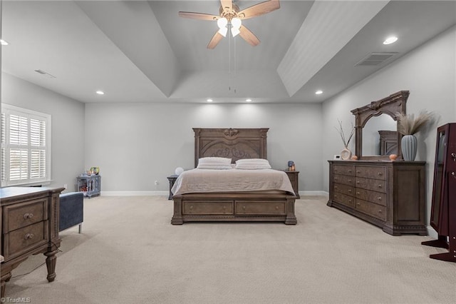 8501 Julina Dr, Oak Ridge, NC 27310 - bedroom with light carpet, recessed lighting, baseboards, a raised ceiling, and a ceiling fan
