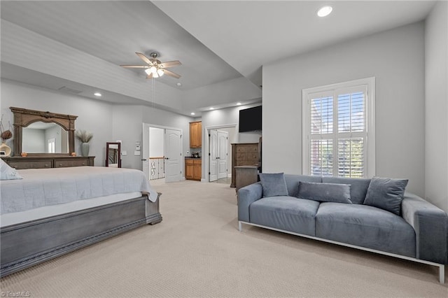 8501 Julina Dr, Oak Ridge, NC 27310 - bedroom with light carpet, recessed lighting, a ceiling fan, and connected bathroom