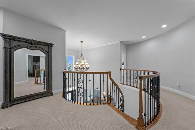 8501 Julina Dr, Oak Ridge, NC 27310 - hallway featuring an upstairs landing, carpet flooring, a chandelier, baseboards, and recessed lighting