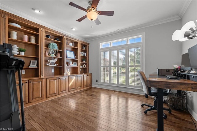 8501 Julina Dr, Oak Ridge, NC 27310 - home office featuring a ceiling fan, ornamental molding, dark wood-style floors, and baseboards