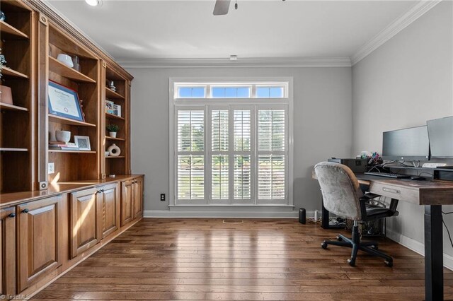 8501 Julina Dr, Oak Ridge, NC 27310 - office area with ornamental molding, baseboards, dark wood-type flooring, and a ceiling fan