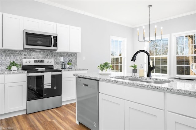 kitchen with stainless steel appliances, white cabinetry, and sink