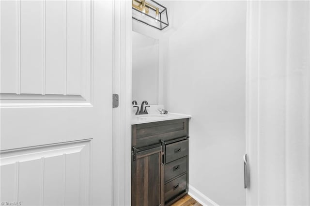 bathroom with hardwood / wood-style flooring and vanity