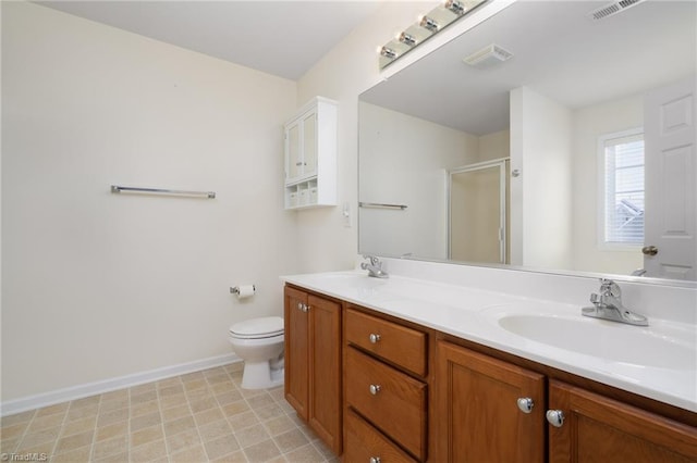 bathroom with a sink, double vanity, baseboards, a shower stall, and visible vents