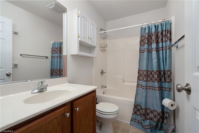 full bathroom featuring vanity, shower / bathtub combination with curtain, visible vents, and toilet