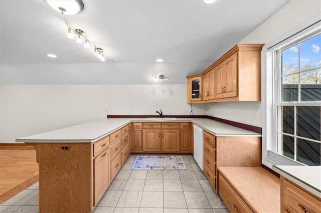 kitchen featuring light countertops, a sink, a peninsula, and dishwasher