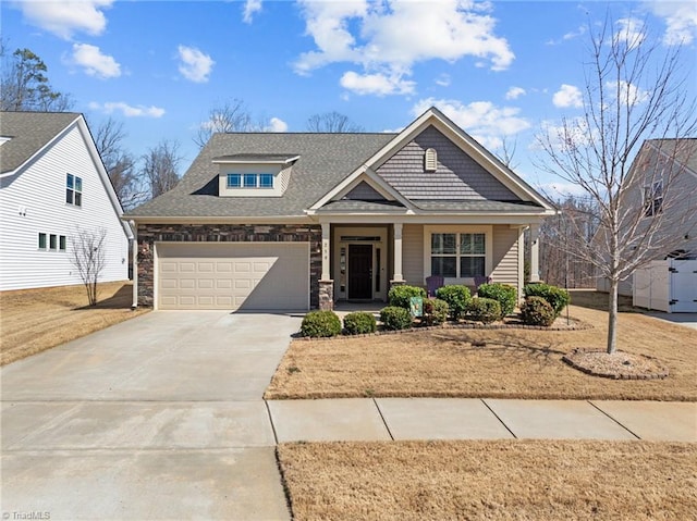 craftsman inspired home with stone siding, roof with shingles, and driveway