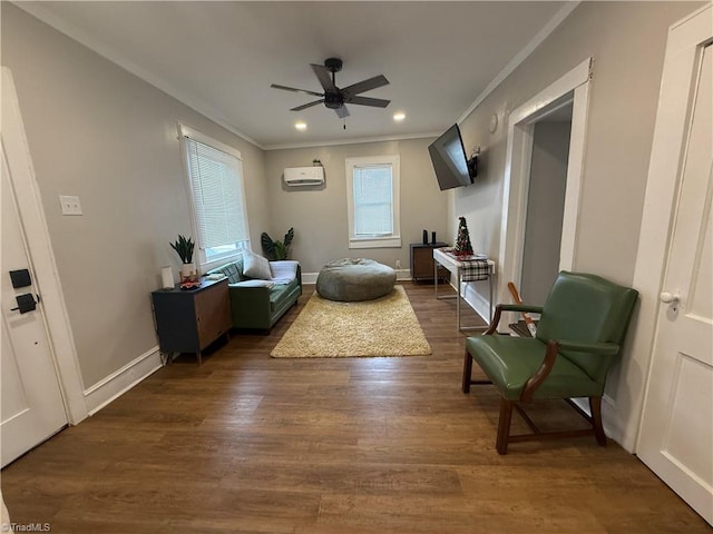 living area featuring crown molding, a wall unit AC, dark hardwood / wood-style floors, and ceiling fan