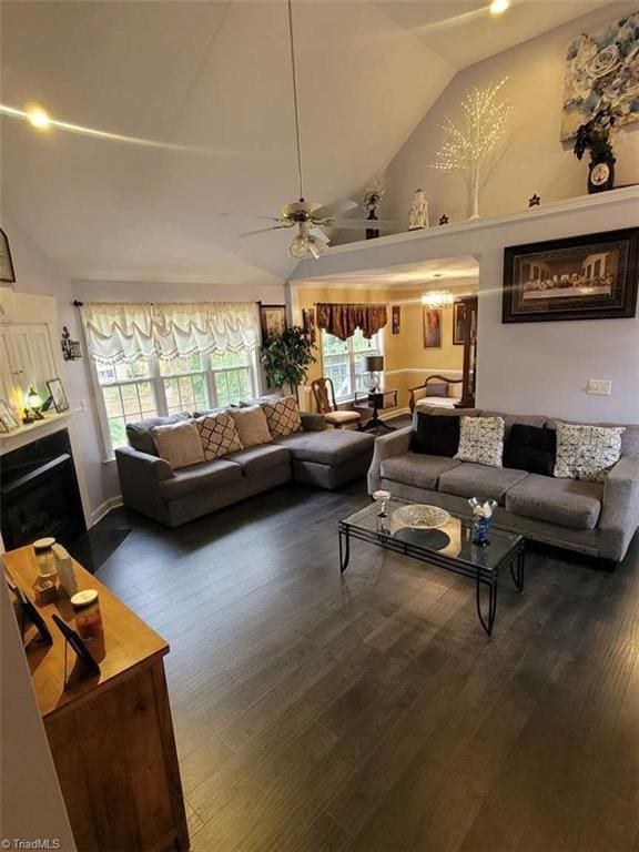5125 Old Plantation Cir, Winston-Salem, NC 27104 - living area featuring a fireplace, ceiling fan, high vaulted ceiling, and wood finished floors