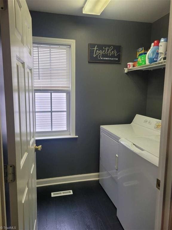 5125 Old Plantation Cir, Winston-Salem, NC 27104 - washroom featuring washer and clothes dryer, dark wood-type flooring, and baseboards