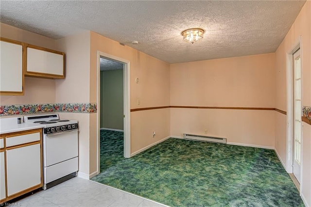 210 W Parkway Ave, High Point, NC 27284 - kitchen featuring white electric range, a baseboard heating unit, a textured ceiling, white cabinets, and light colored carpet