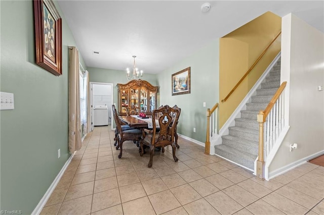 dining space featuring stairs, baseboards, a notable chandelier, and light tile patterned floors