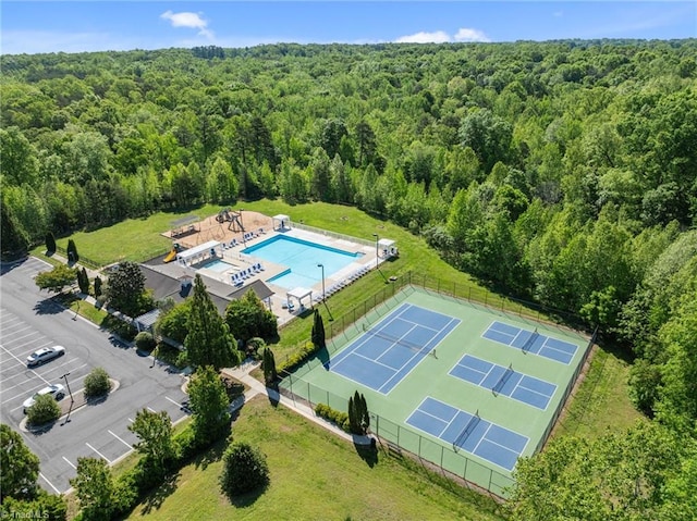 aerial view featuring a forest view