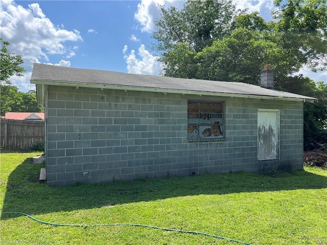 304 Ingram St, Thomasville, NC 27360 - view of home's exterior with concrete block siding, a chimney, and roof with shingles