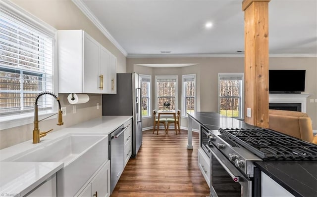 kitchen with a sink, ornamental molding, appliances with stainless steel finishes, white cabinets, and dark wood-style flooring