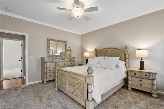 bedroom featuring ceiling fan, baseboards, light carpet, and ornamental molding