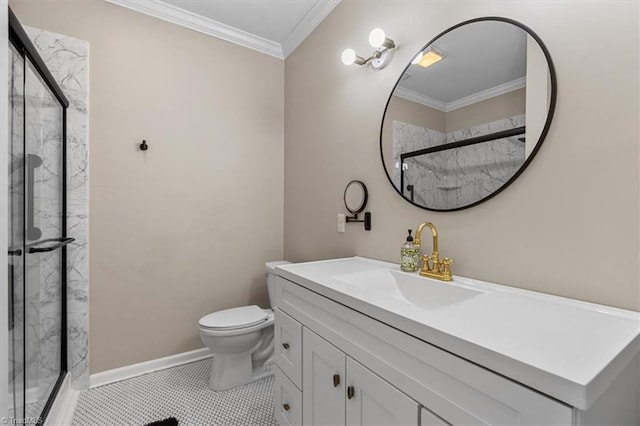 bathroom with vanity, toilet, a stall shower, and crown molding