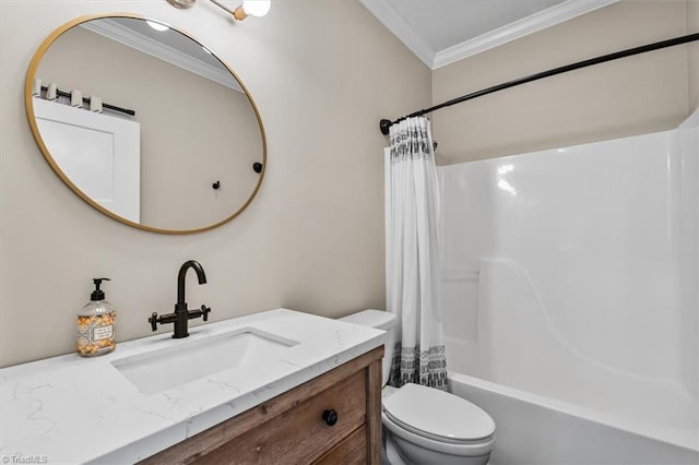 bathroom featuring vanity, toilet, shower / tub combo with curtain, and ornamental molding