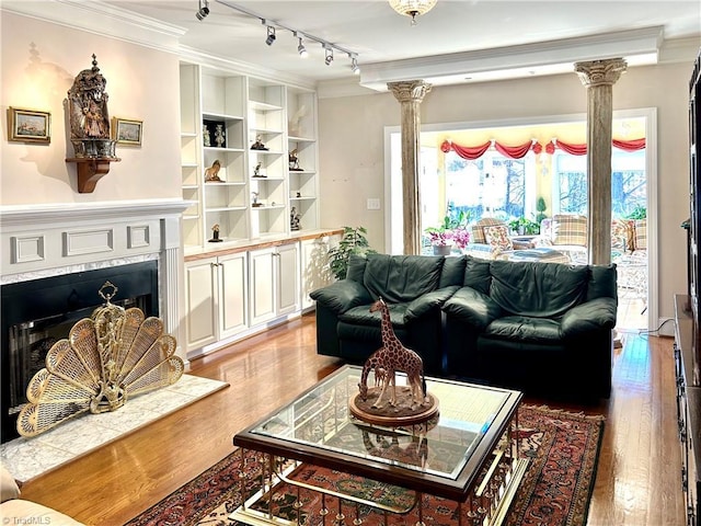 living room featuring rail lighting, crown molding, light hardwood / wood-style flooring, a fireplace, and decorative columns