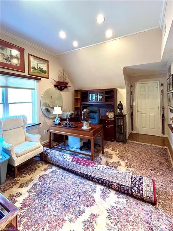 home office with crown molding and lofted ceiling