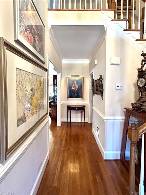 corridor featuring dark hardwood / wood-style floors and crown molding