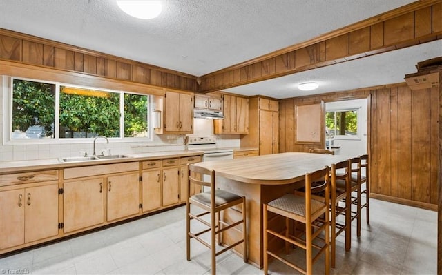 kitchen featuring light countertops, white range with electric cooktop, wood walls, and a sink
