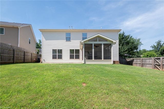 301 Summerwalk Rd, Greensboro, NC 27455 - rear view of property with a fenced backyard, a sunroom, and ceiling fan
