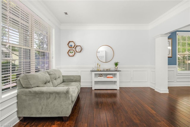 301 Summerwalk Rd, Greensboro, NC 27455 - living area with dark wood-style flooring, ornamental molding, wainscoting, and decorative columns