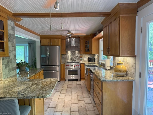 kitchen with appliances with stainless steel finishes, wall chimney range hood, a sink, and decorative backsplash