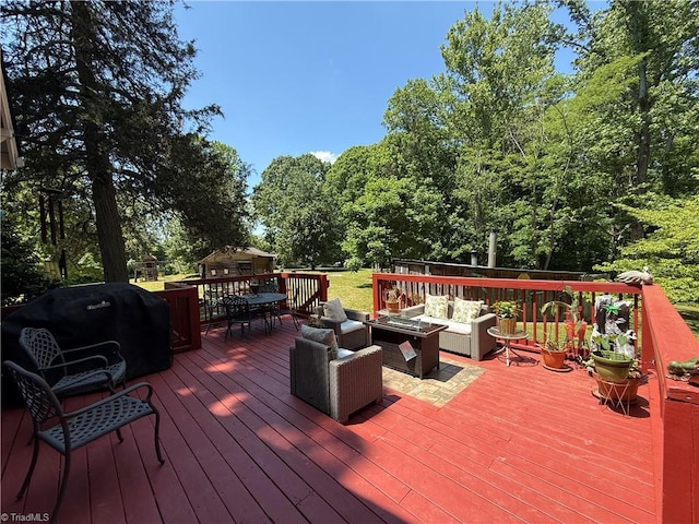 wooden deck featuring outdoor lounge area, outdoor dining space, and a grill