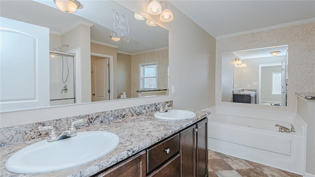 bathroom with vanity, ornamental molding, and separate shower and tub