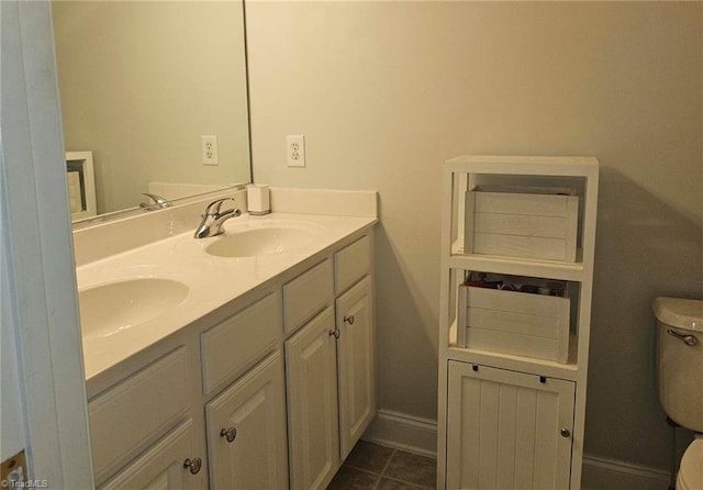 bathroom with vanity, toilet, and tile patterned flooring