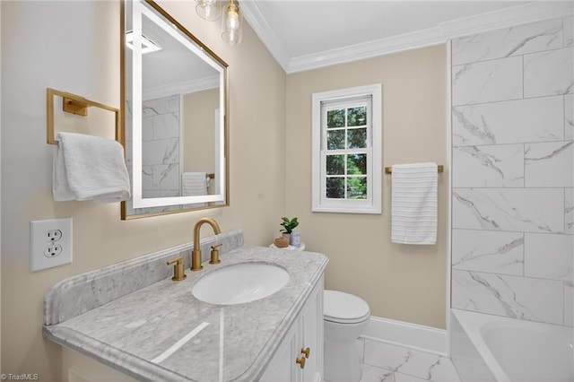 506 Audubon Dr, Greensboro, NC 27410 - bathroom with marble look tile flooring, crown molding, vanity, and washtub / shower combination