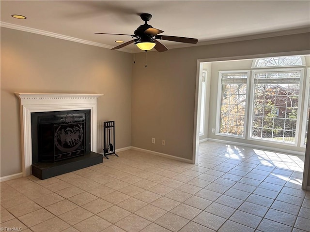 unfurnished living room featuring a fireplace with raised hearth, crown molding, baseboards, and light tile patterned floors