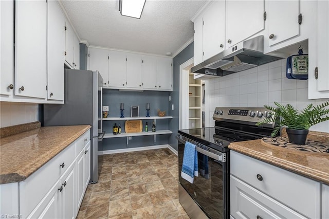 kitchen with white cabinetry, stainless steel appliances, decorative backsplash, and a textured ceiling