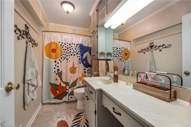 bathroom featuring crown molding, vanity, toilet, and walk in shower